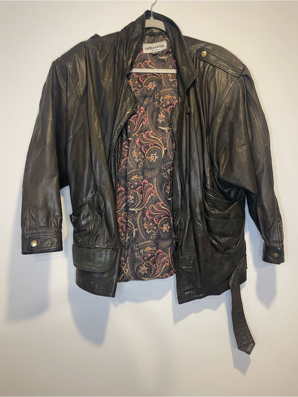 Vintage Black Leather Moto Jacket with Paisley Lining